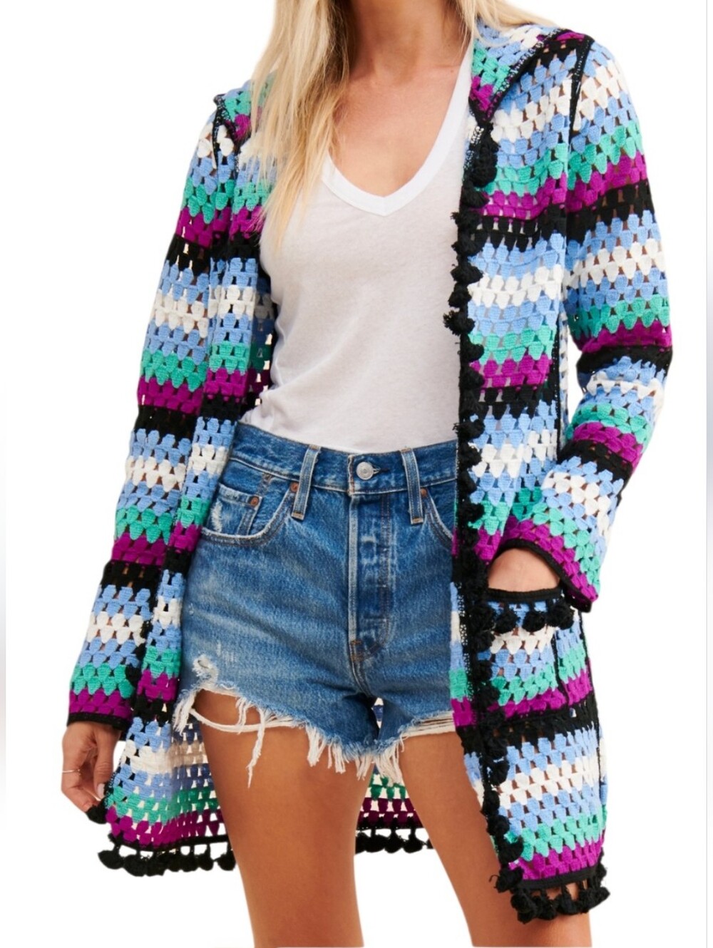 Free the Roses Crochet Hooded Cardigan Open Front Pom-pom Pockets Fall Festival
